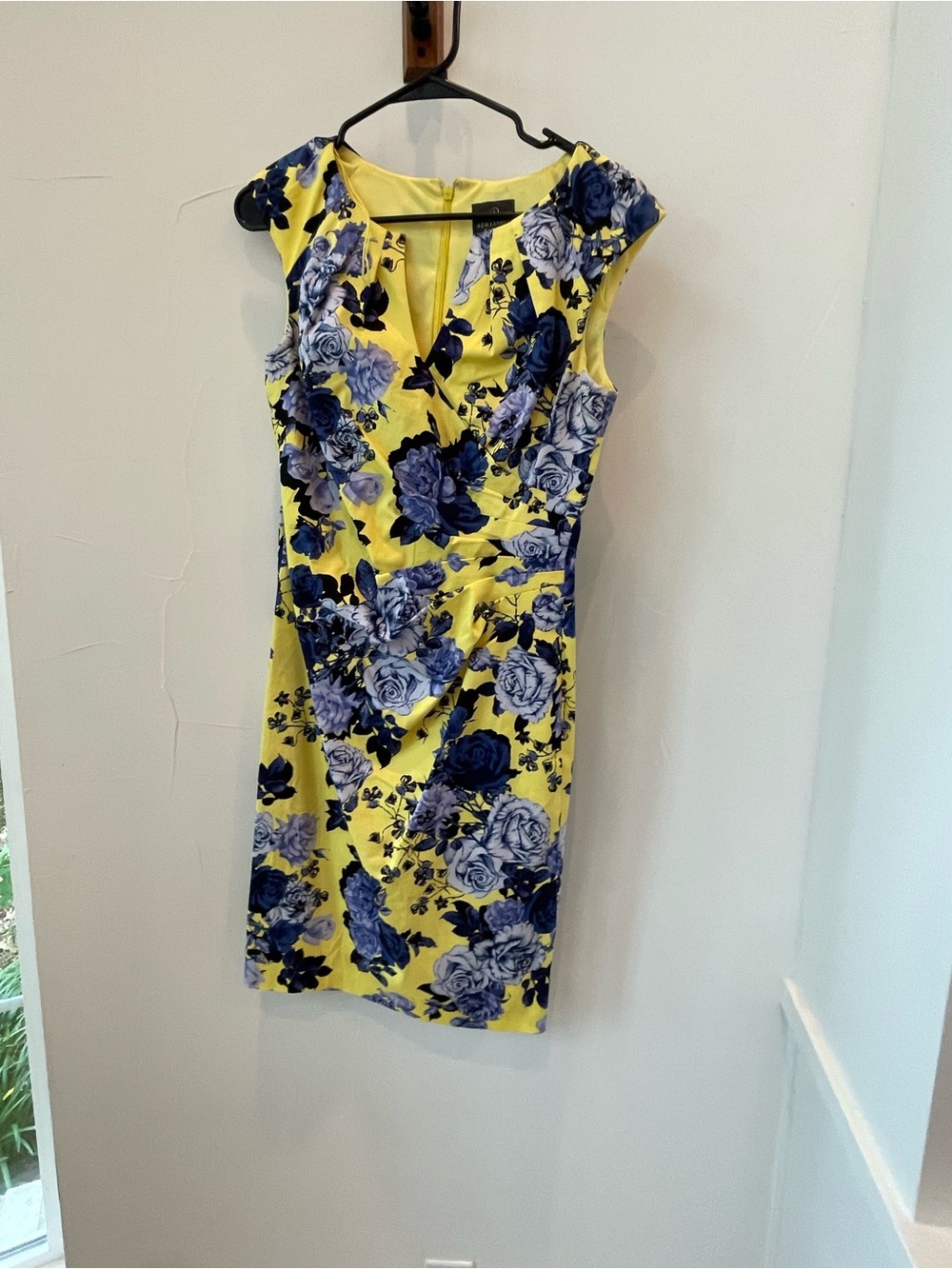 Adrianna Papell Yellow Navy Floral Print Sheath Dress Cap Sleeves Size 6